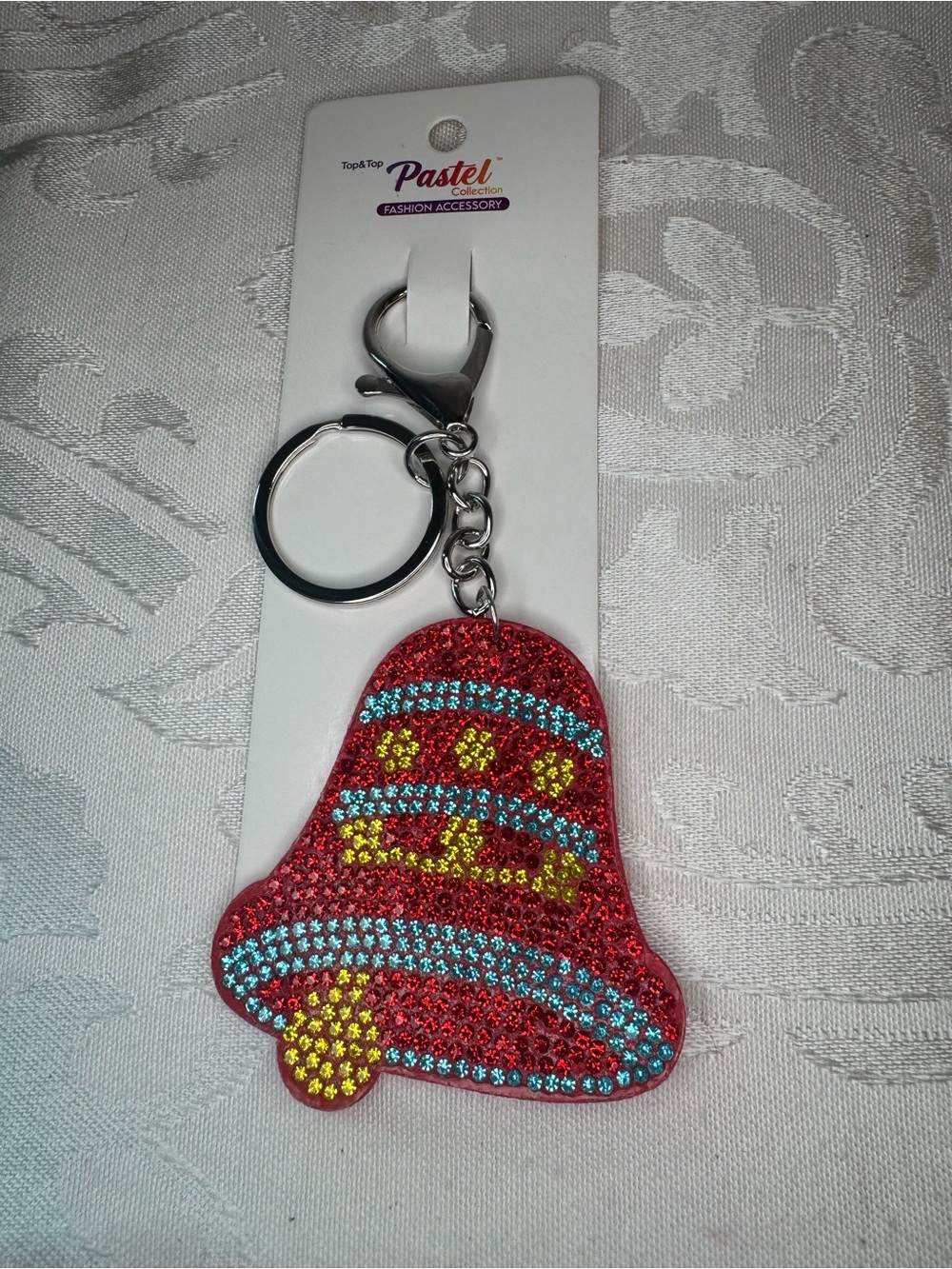 New Pastel Red Rhinestone Christmas Bell Keychain